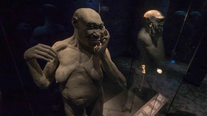 Clay sculpture of a bald, muscular humanoid touching its face, displayed in a glass case.