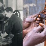 Split image: left shows a textile mill worker tending fabric on large rollers; right shows hands processing a chicken carcass.