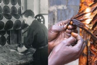 Split image: left shows a textile mill worker tending fabric on large rollers; right shows hands processing a chicken carcass.