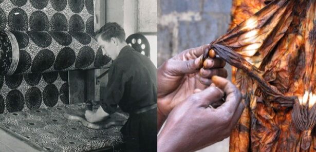 Split image: left shows a textile mill worker tending fabric on large rollers; right shows hands processing a chicken carcass.