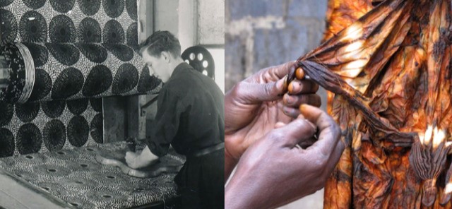 Split image: left shows a textile mill worker tending fabric on large rollers; right shows hands processing a chicken carcass.