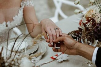 Couple exchanging rings at a wedding table, hands joined near a bouquet and glassware on a decorated table.