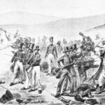19th-century battle scene with soldiers firing muskets, officers on horseback, and scattered fallen figures on a barren field.