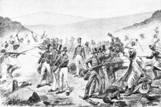 19th-century battle scene with soldiers firing muskets, officers on horseback, and scattered fallen figures on a barren field.