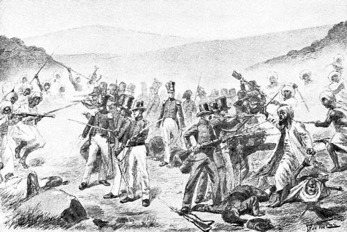 19th-century battle scene with soldiers firing muskets, officers on horseback, and scattered fallen figures on a barren field.