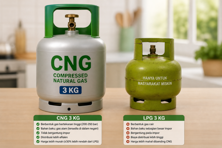 Two gas cylinders on a wooden countertop: a silver CNG 3 KG on the left and a green LPG 3 KG on the right, with Indonesian safety labels beneath.