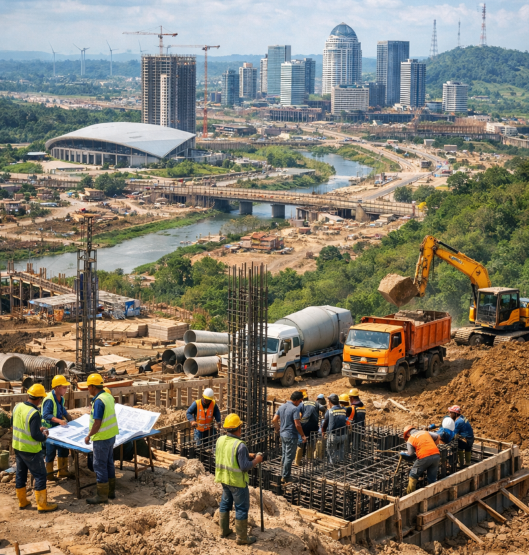Construction site with workers in safety vests and helmets assembling reinforced concrete rebar near dirt and machinery, city skyline in the distance.