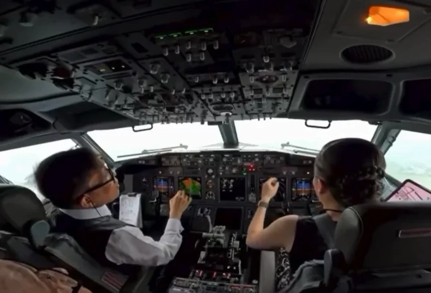 Cockpit view of two pilots in a modern airliner, hands on controls, cockpit panels and screens in front of them during flight.