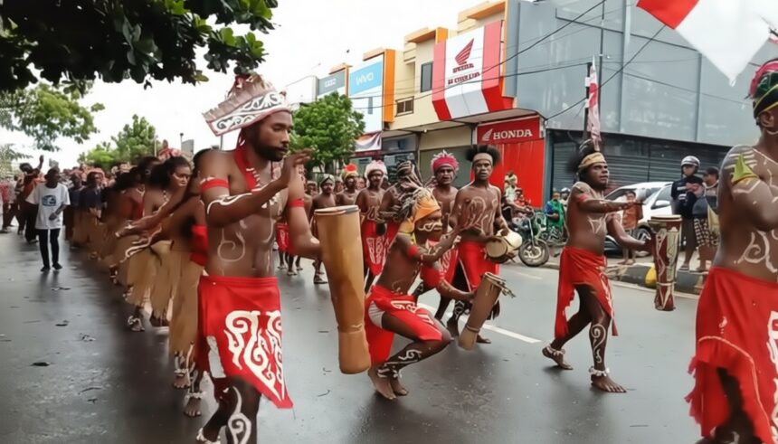 Group of dancers in red loincloths and body paint performing with drums on a city street during a parade.