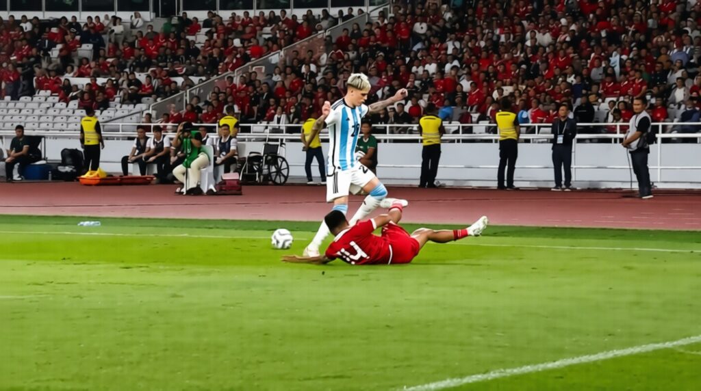 Asnawi vs Garnacho 2023 FIXX - Mabur.co Soccer action: a blue-and-white striped player challenges a red-jersey defender sliding on the grass ball nearby, in a stadium full of spectators.