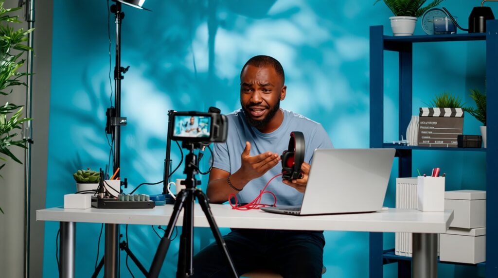 BTS orang ngonten by studioantelope com FIXX - Mabur.co A man sits at a white desk with a laptop, wearing headphones and speaking to a camera on a tripod in a blue-lit studio.