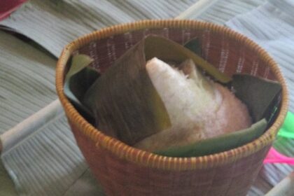 Woven basket with a triangular sticky rice dumpling wrapped in a bamboo leaf.