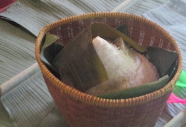 Woven basket with a triangular sticky rice dumpling wrapped in a bamboo leaf.