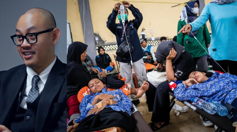 Left panel shows a close-up of a man in a dark suit and glasses speaking or being interviewed. Right panel depicts a makeshift clinic scene with people receiving medical care, some lying on stretchers or chairs, and others assisting with IV drips and medical supplies.