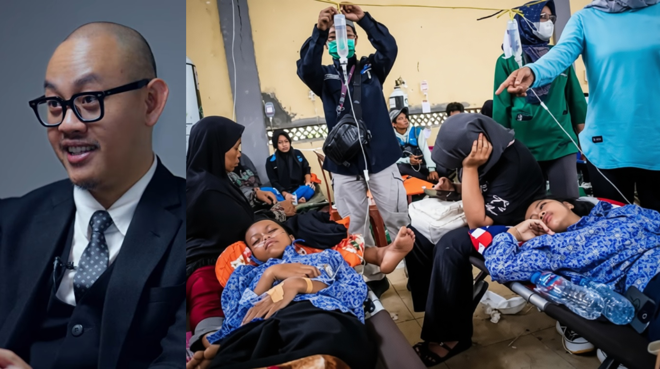 Left panel shows a close-up of a man in a dark suit and glasses speaking or being interviewed. Right panel depicts a makeshift clinic scene with people receiving medical care, some lying on stretchers or chairs, and others assisting with IV drips and medical supplies.