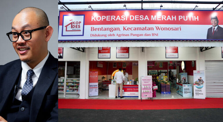 Close-up of a man in a suit with glasses on the left, next to a large red and white banner for KOPERASI DESA MERAH PUTIH.