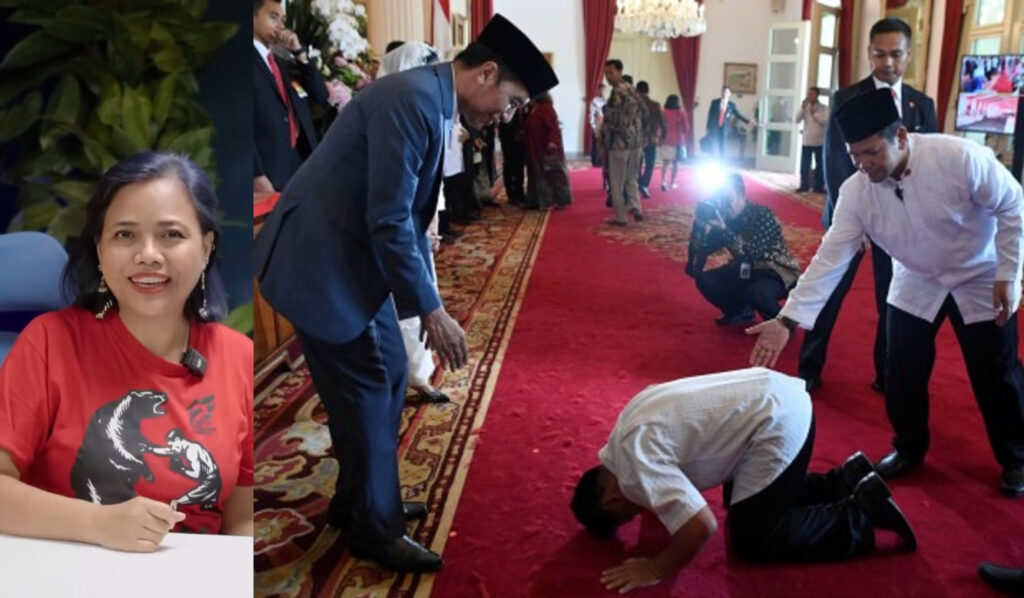 Portrait of a smiling woman in a red shirt on the left; on the right, people in formal attire bowing/kneeling on a red carpet during a ceremonial event in a grand room.