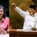 Split-screen image: on the left, a woman in a pink shirt sits at a table with a microphone clipped to her top; on the right, a man in a white shirt and a black cap speaks at a podium with two yellow microphones.
