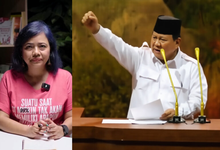 Split-screen image: on the left, a woman in a pink shirt sits at a table with a microphone clipped to her top; on the right, a man in a white shirt and a black cap speaks at a podium with two yellow microphones.