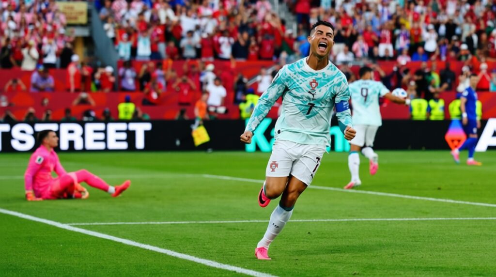 Soccer player in light blue turquoise kit celebrates a goal as fans cheer; pink-clad goalkeeper sits on the grass in the background.