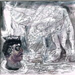 Abstract line drawing of a reclining figure with a prominent dark eye and tangled, swirling lines across a textured, grey background.