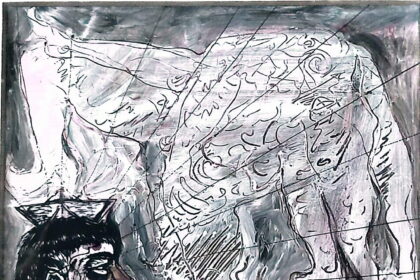 Abstract line drawing of a reclining figure with a prominent dark eye and tangled, swirling lines across a textured, grey background.