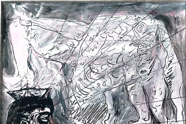 Abstract line drawing of a reclining figure with a prominent dark eye and tangled, swirling lines across a textured, grey background.