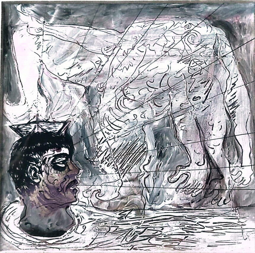 Abstract line drawing of a reclining figure with a prominent dark eye and tangled, swirling lines across a textured, grey background.