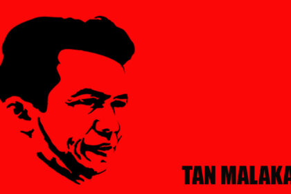 Red poster with a black silhouette portrait of Tan Malaka and his name in bold at the bottom right.