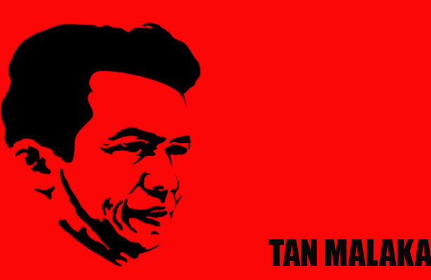 Red poster with a black silhouette portrait of Tan Malaka and his name in bold at the bottom right.