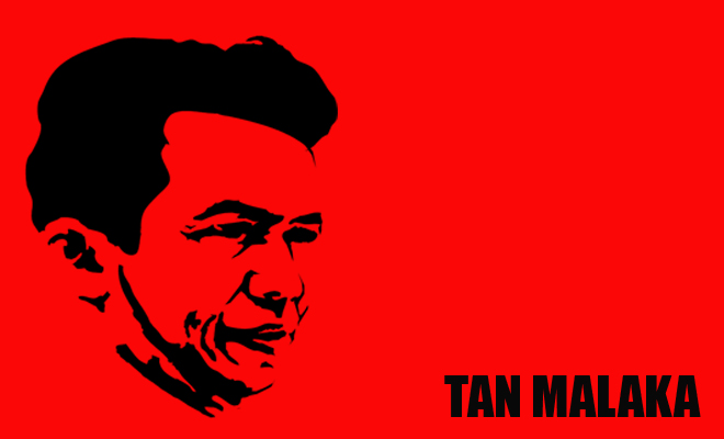 Red poster with a black silhouette portrait of Tan Malaka and his name in bold at the bottom right.