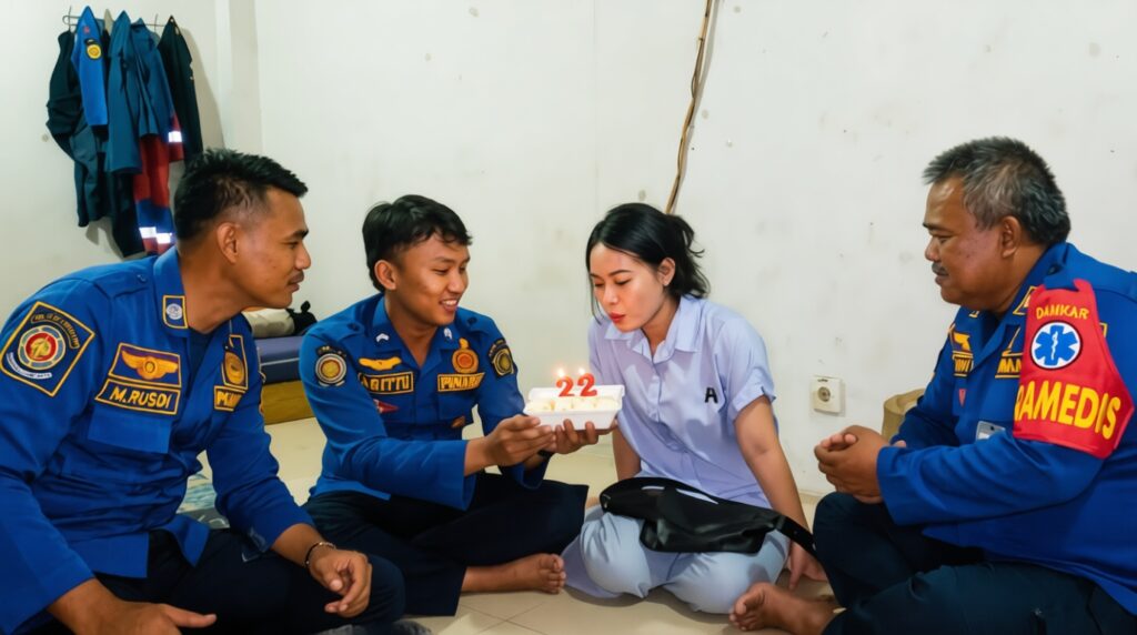 Four people in blue uniforms sit on the floor as one passes a cake with candles reading '22' to a woman, celebrating a birthday indoors.