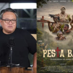 Left: man recording a podcast in a studio; right: jungle-themed documentary poster with indigenous figures and a forest backdrop.