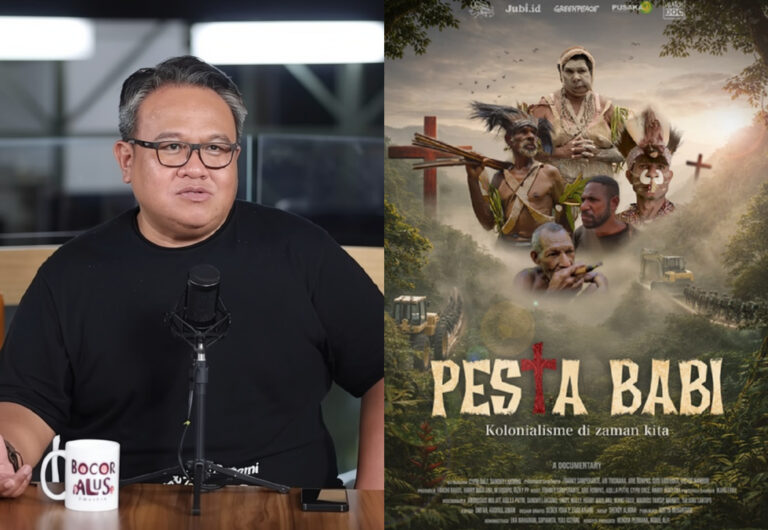 Dandhy Pesta Babi - Mabur.co Left: man recording a podcast in a studio; right: jungle-themed documentary poster with indigenous figures and a forest backdrop.