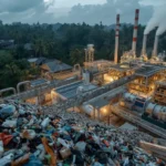 Industrial waste incineration plant with red-striped smokestacks, emitting steam, set among tropical trees; foreground shows a pile of trash