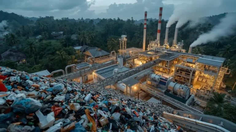 Industrial waste incineration plant with red-striped smokestacks, emitting steam, set among tropical trees; foreground shows a pile of trash