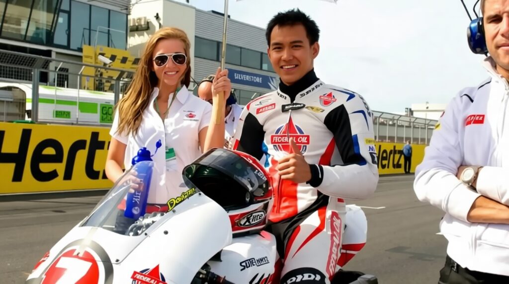 Doni Tata Moto2 2013 by ist - Mabur.co Racer in red-white suit on a white motorcycle in the pit lane, giving a thumbs-up as a crew member holds a large umbrella nearby.