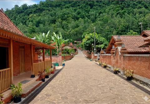 Dusun Wota Wati Gunung Kidul Jogja Foto TabloidElemen - Mabur.co Stone-paved village street between red-tiled houses with potted plants, hillside trees in the background.