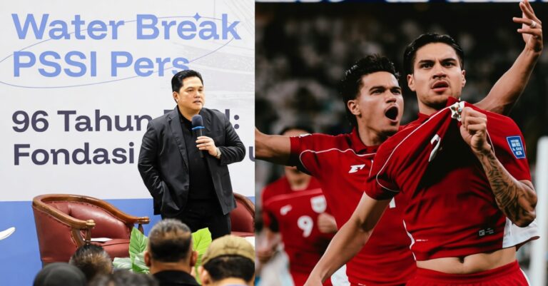 A man in a black suit speaks into a microphone at a conference on the left, with large text in the background; two cheering soccer players in red uniforms on the right.