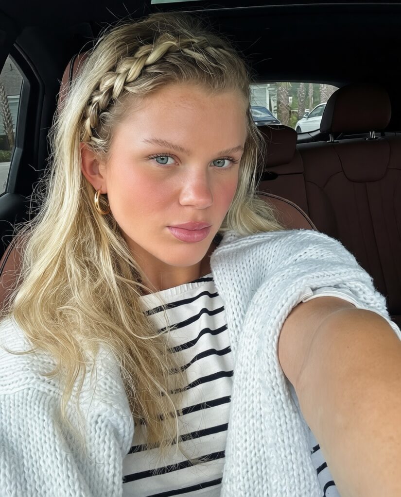 Close-up portrait of a young woman with blonde hair in a braid, wearing a striped shirt and white knitted cardigan, seated in a car.