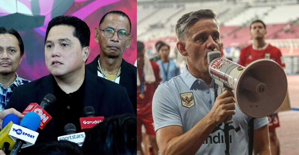 Two men in separate scenes: left side shows a man at a press conference with multiple microphones, reporters in the background; right side shows a man speaking into a megaphone on a sports field.