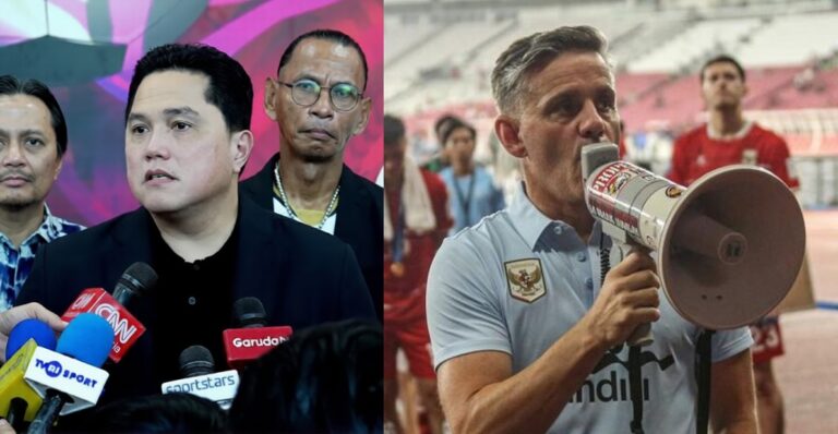 Two men in separate scenes: left side shows a man at a press conference with multiple microphones, reporters in the background; right side shows a man speaking into a megaphone on a sports field.