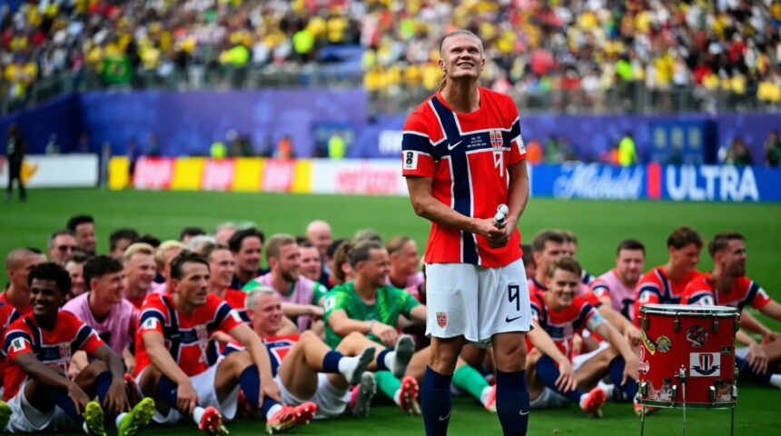 Norway national team players sit on the pitch in red jerseys while a teammate stands holding a drum, smiling at cheering fans in the stadium light.