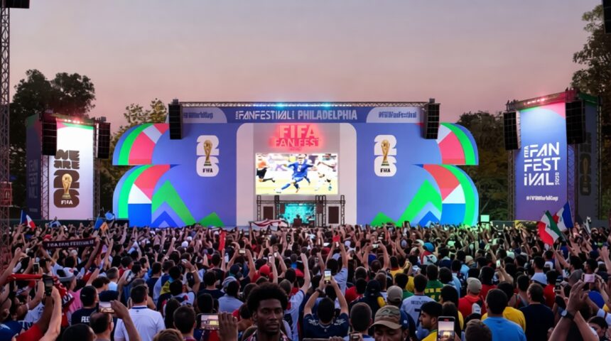 Fan Fest Pldun 2026 by Visit Philadelphia FIXX - Mabur.co Crowd of fans at an outdoor FIFA Fan Fest with a large colorful stage, big screen showing a soccer match, and waving flags at sunset.