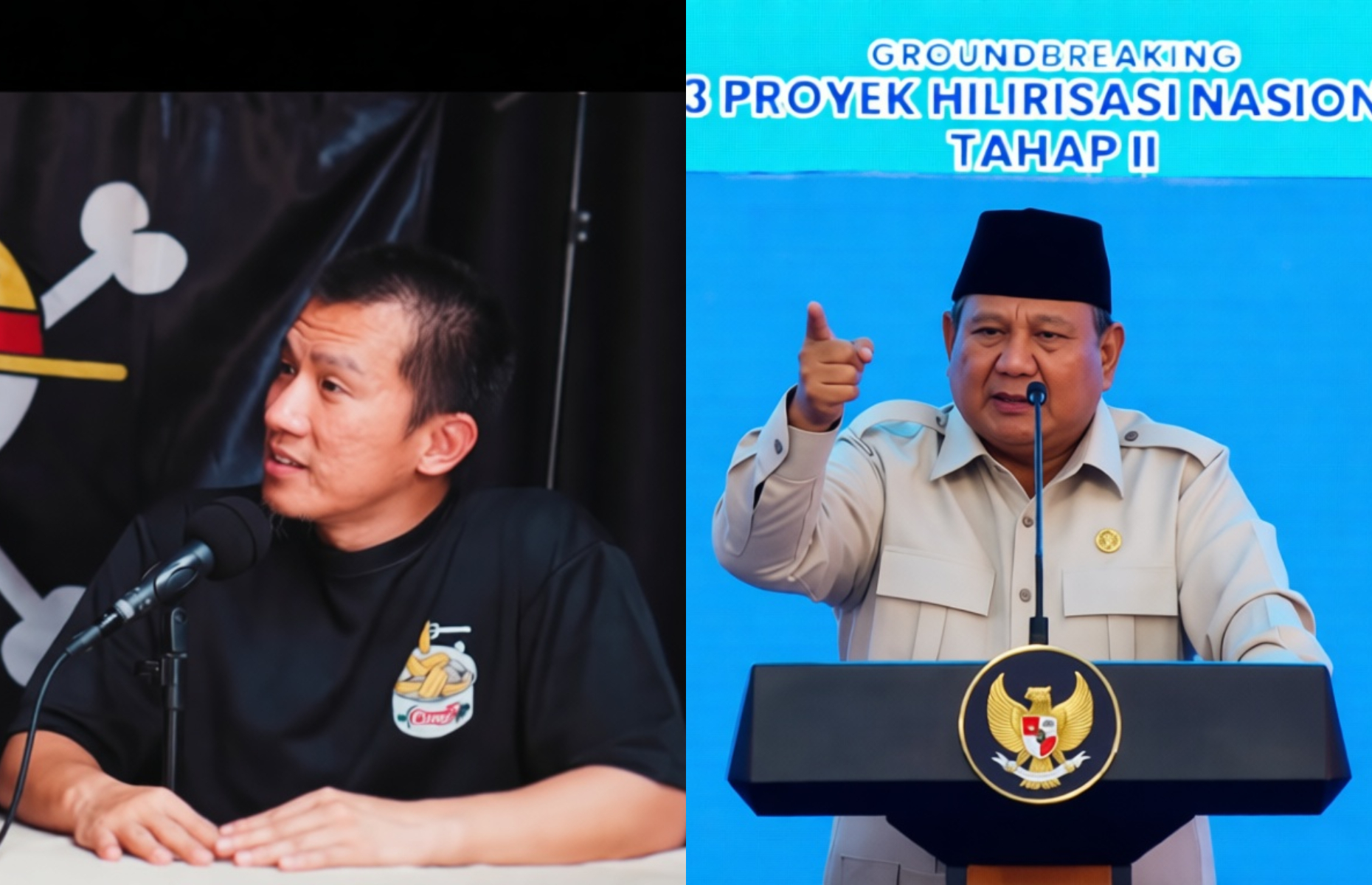 Two men speaking at a panel: left man seated with microphone, wearing black shirt with a small emblem; right man at podium in uniform, pointing and speaking.