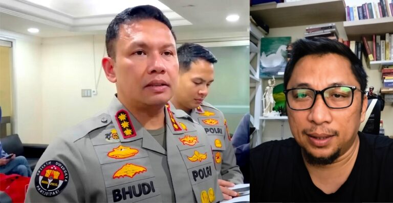 Split image: left a police officer in gray uniform with badges, right a man with glasses in a book-filled room with shelves.