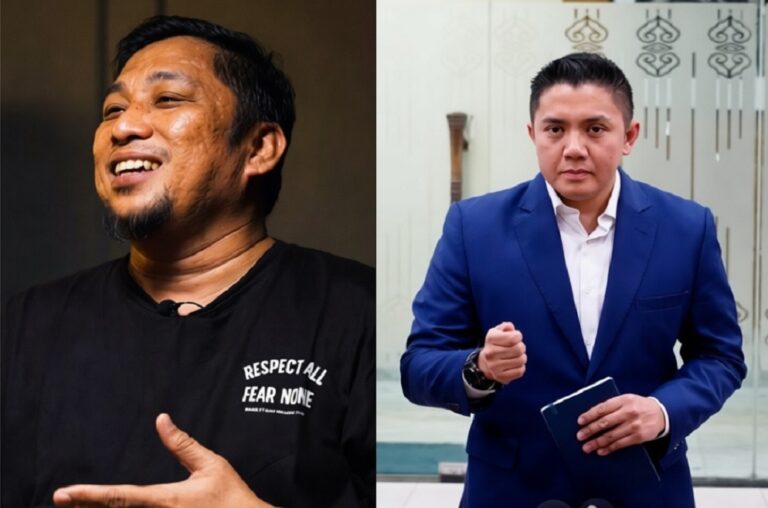 Split image: left a smiling man in a black shirt that reads 'Respect All Fear None'; right a man in a blue suit speaking, holding a notebook indoors.