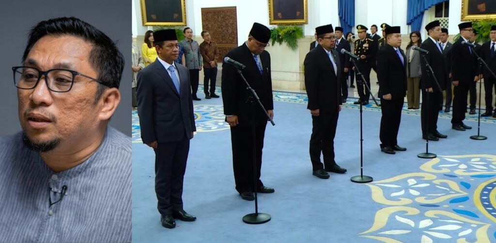 Portrait of a man with glasses and a goatee on the left; the right side shows a formal ceremony with suited men wearing songkoks standing at microphone stands in a grand room.