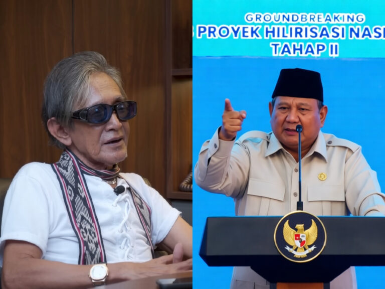 Side-by-side image: left shows an elderly man with gray hair, glasses, and a patterned scarf seated at a table; right shows a government official in a beige uniform and black cap speaking at a podium against a blue backdrop.