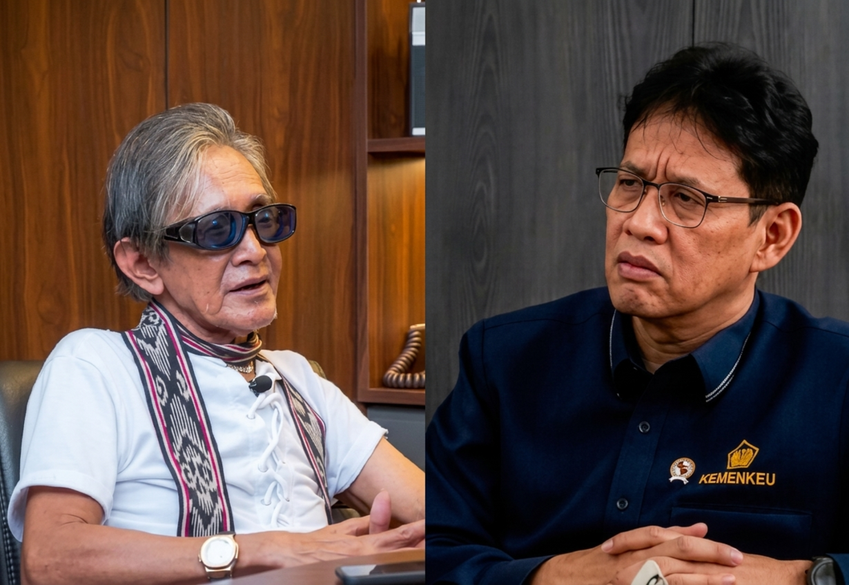 Two men sit across from each other in a split-screen setup: an older man with sunglasses and a patterned scarf on the left, and a man in a dark blue shirt on the right.